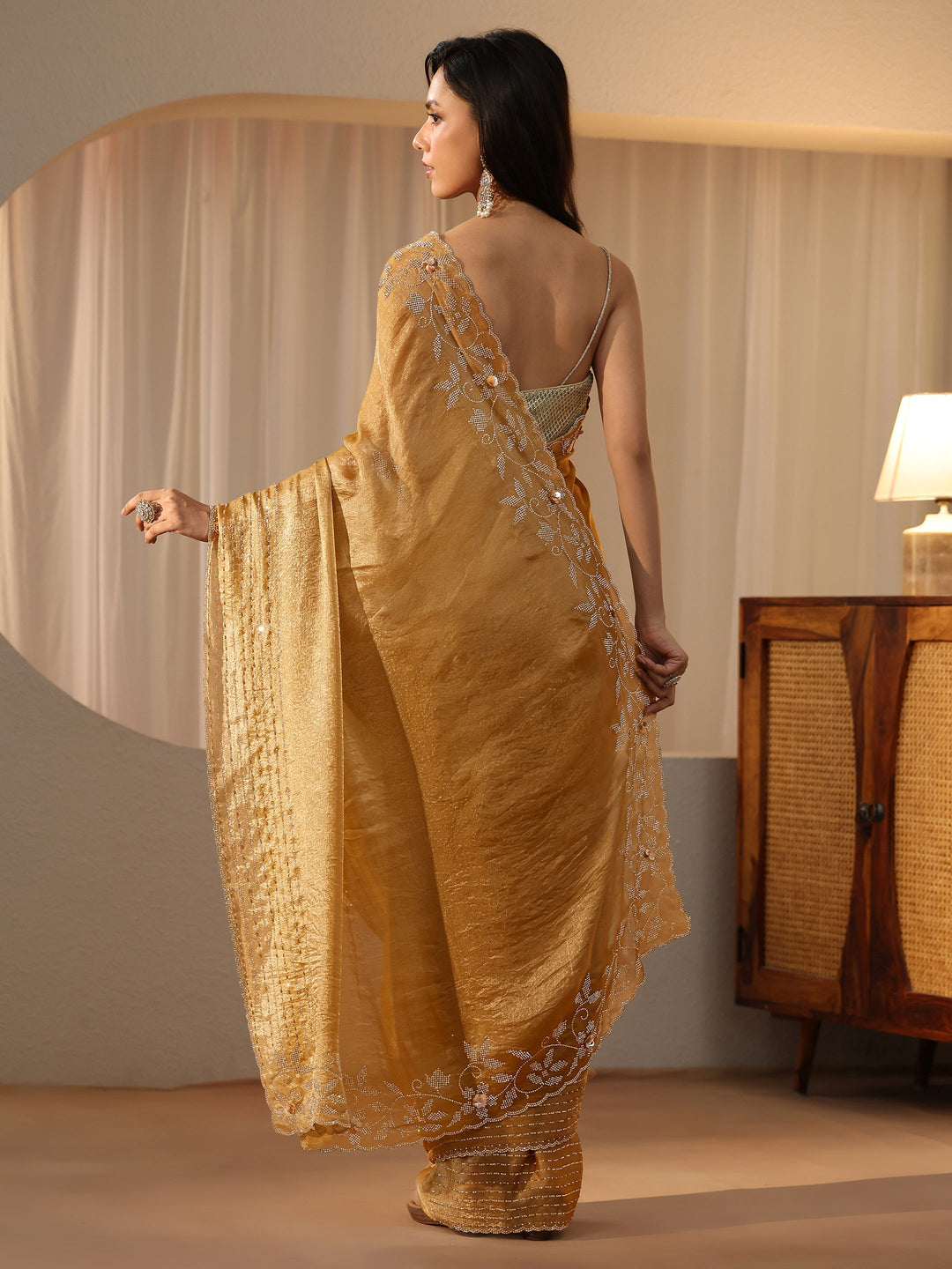  Gold Silk Blend Saree with Embellished Border 