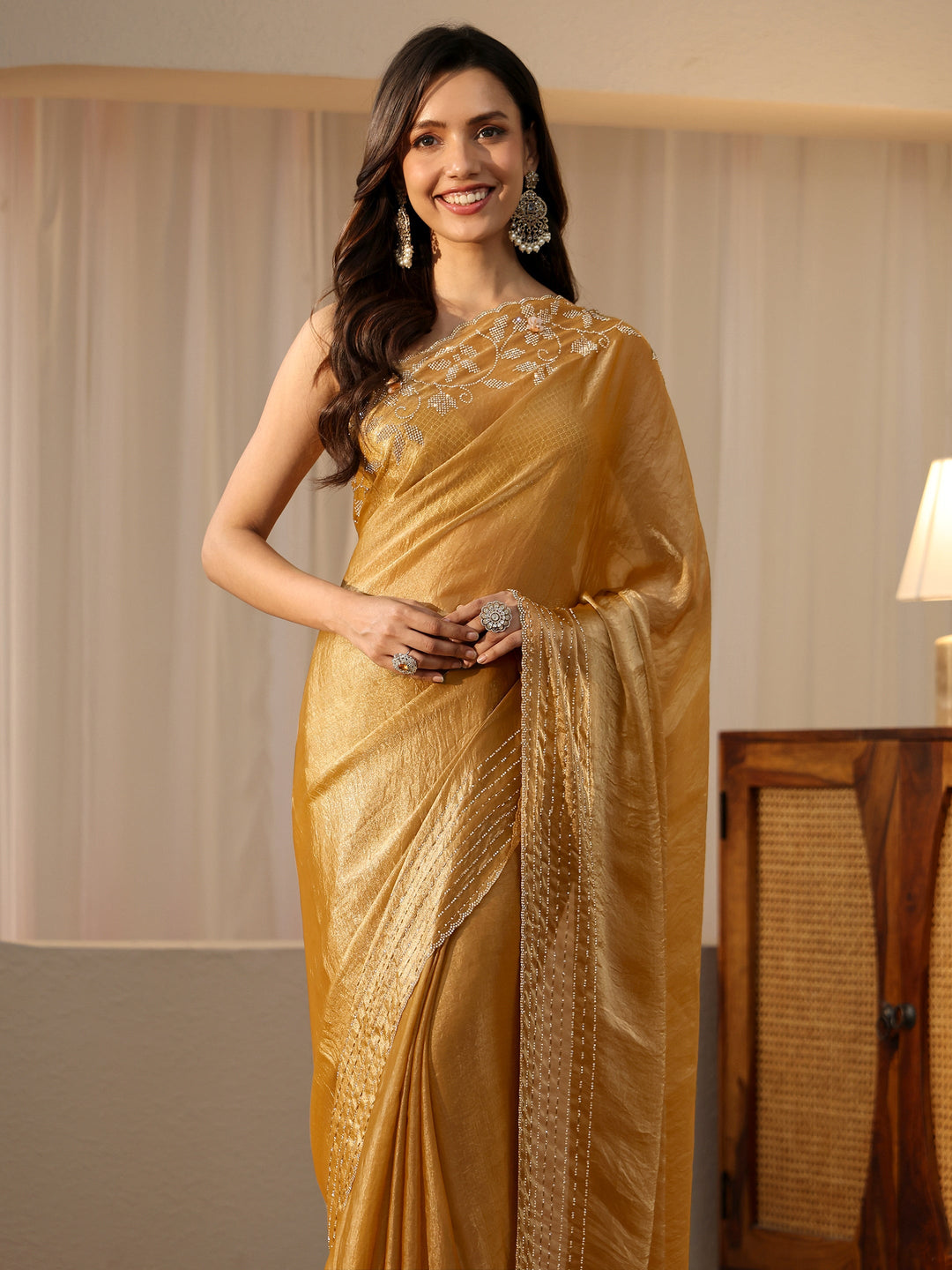  Gold Silk Blend Saree with Embellished Border 
