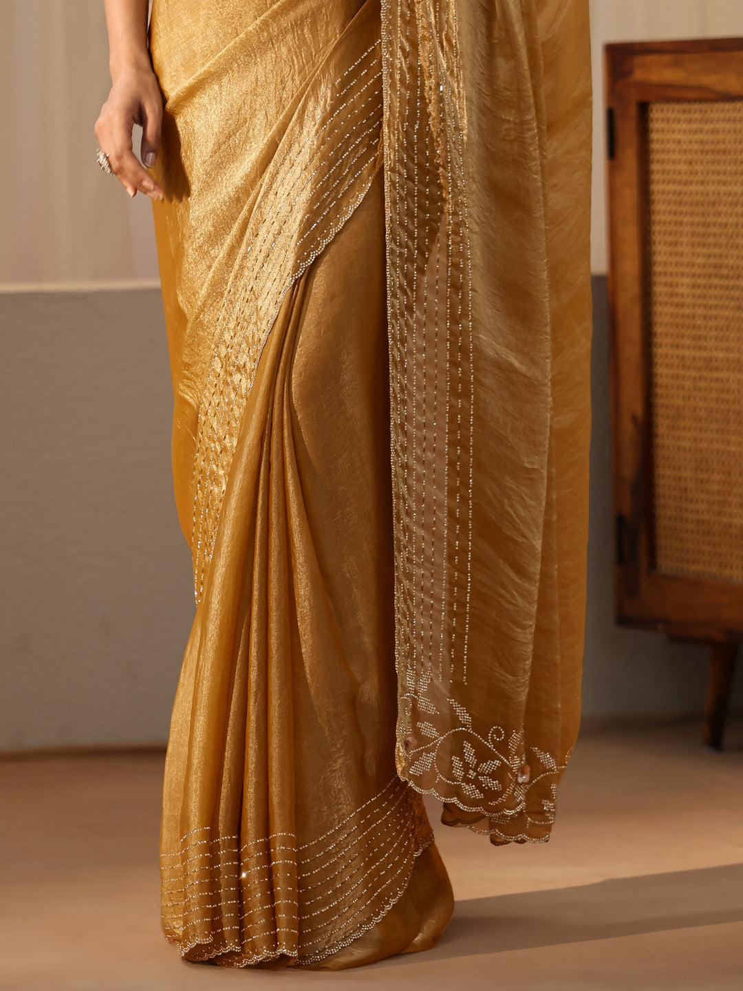  Gold Silk Blend Saree with Embellished Border 