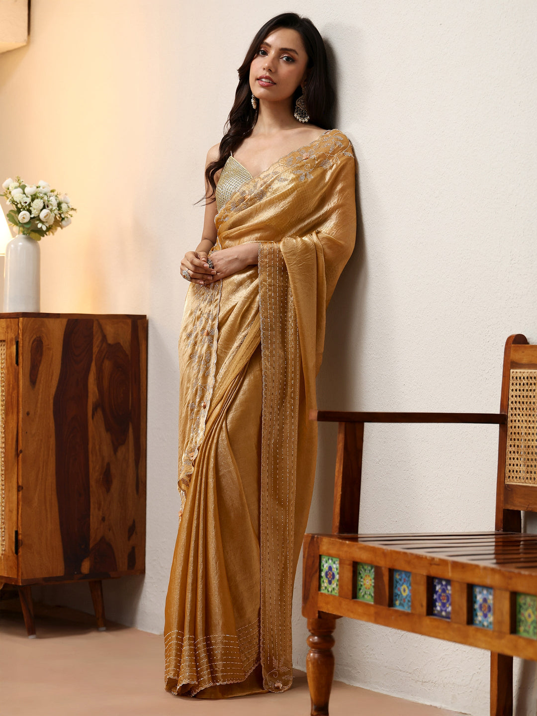  Gold Silk Blend Saree with Embellished Border 