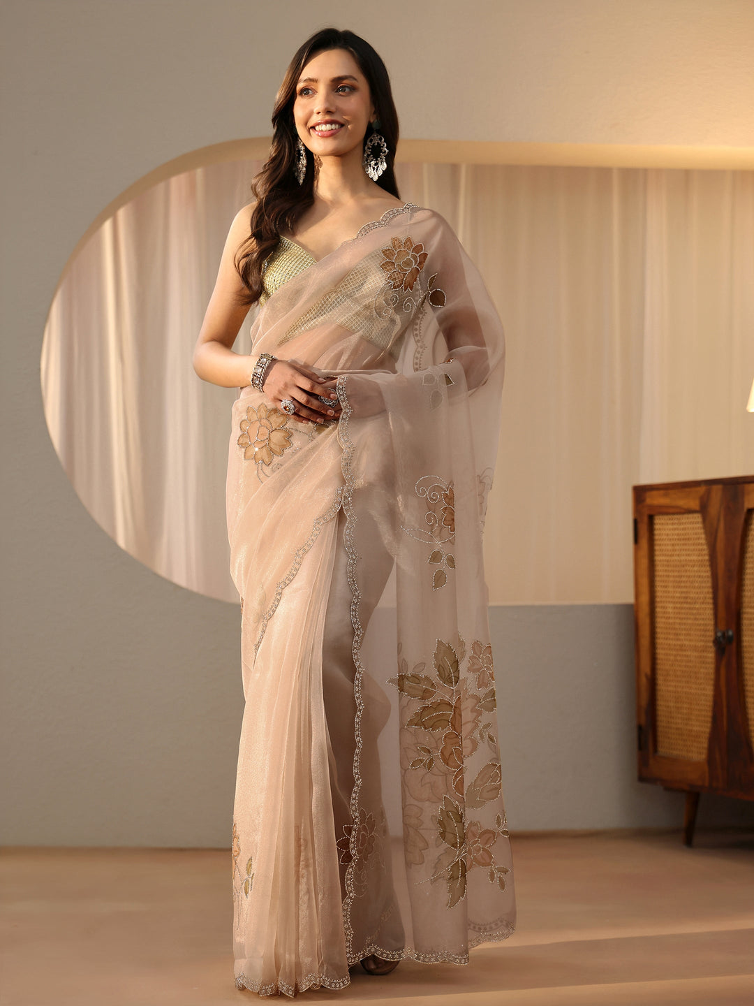  Beige Floral Embellished Tissue Saree 