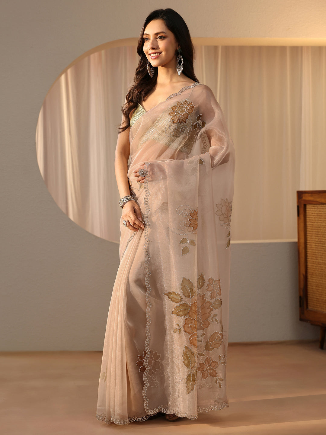  Beige Floral Embellished Tissue Saree 