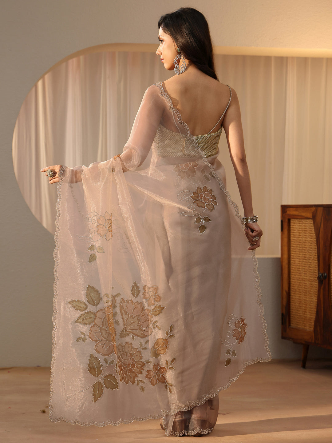  Beige Floral Embellished Tissue Saree 