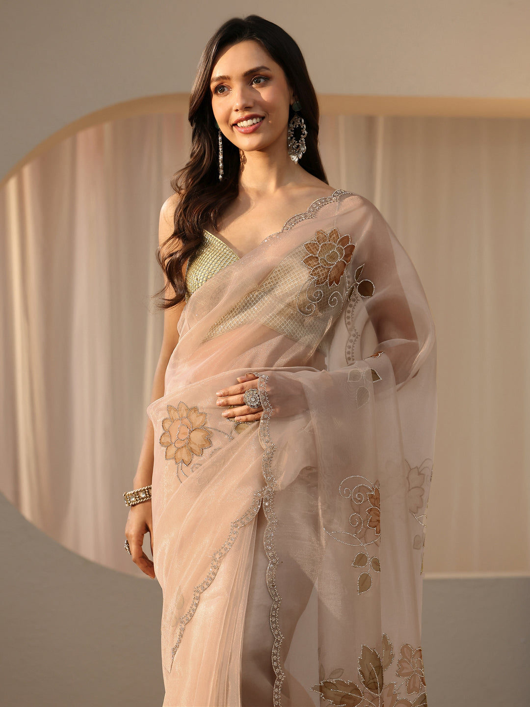  Beige Floral Embellished Tissue Saree 
