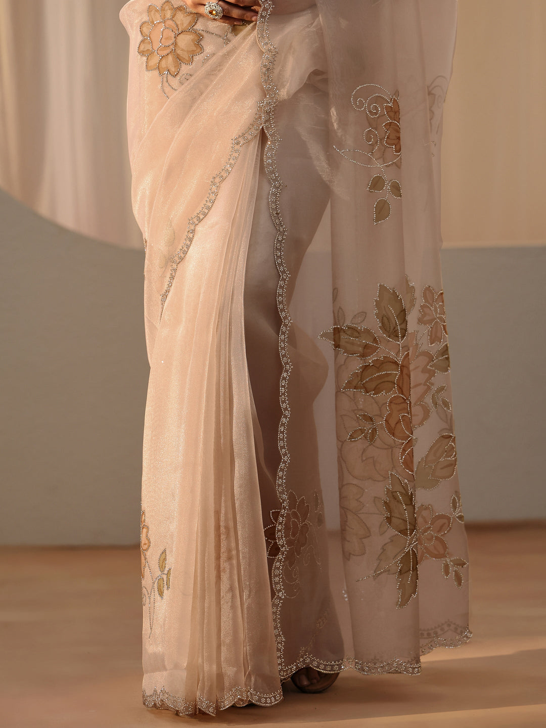  Beige Floral Embellished Tissue Saree 