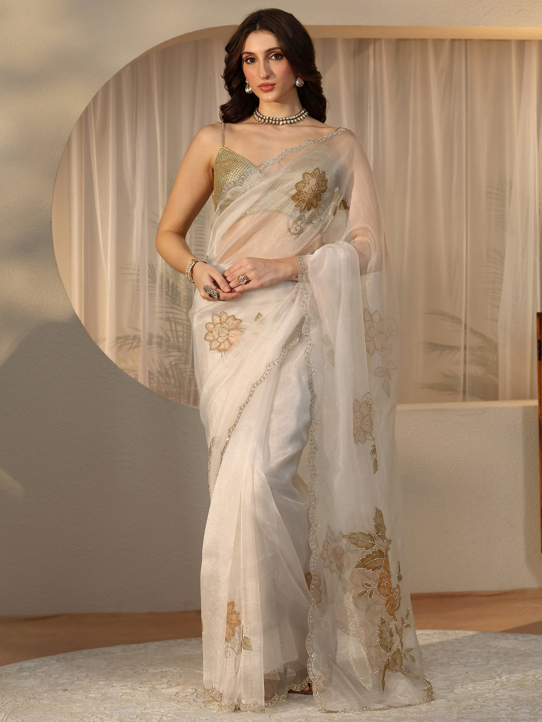  Cream Floral Tissue Saree with Embellished Border 
