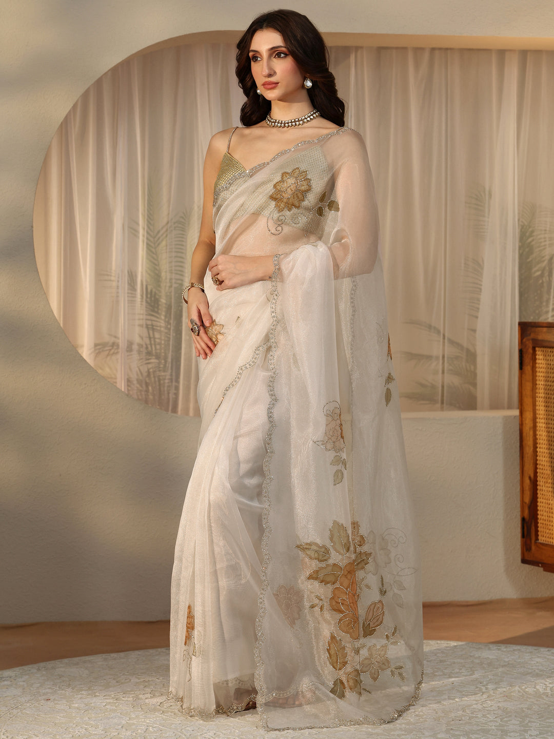  Cream Floral Tissue Saree with Embellished Border 