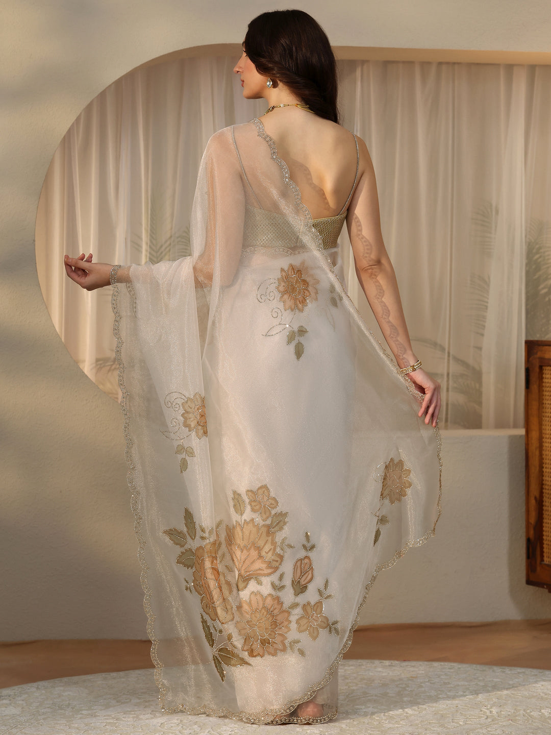  Cream Floral Tissue Saree with Embellished Border 