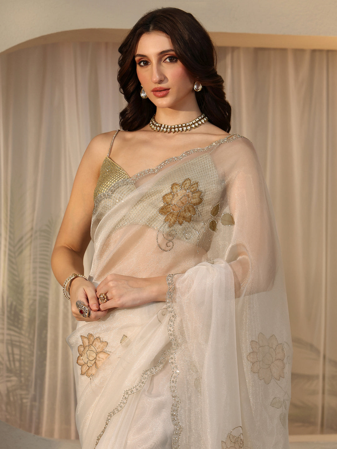  Cream Floral Tissue Saree with Embellished Border 