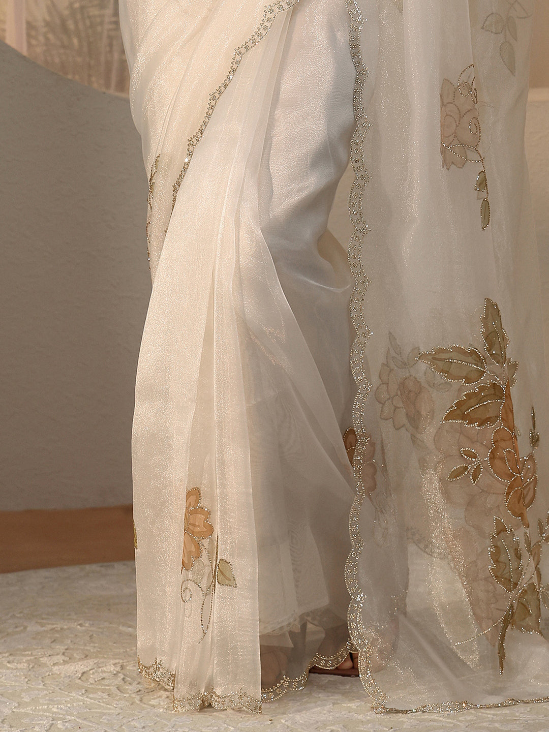  Cream Floral Tissue Saree with Embellished Border 