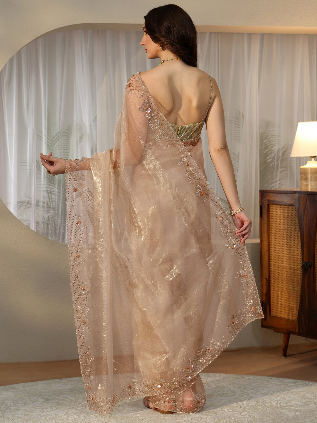  Cream Floral Tissue Saree with Embellished Border 