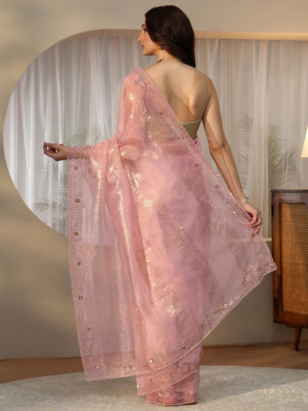  Pink Floral Tissue Saree with Embellished Border 