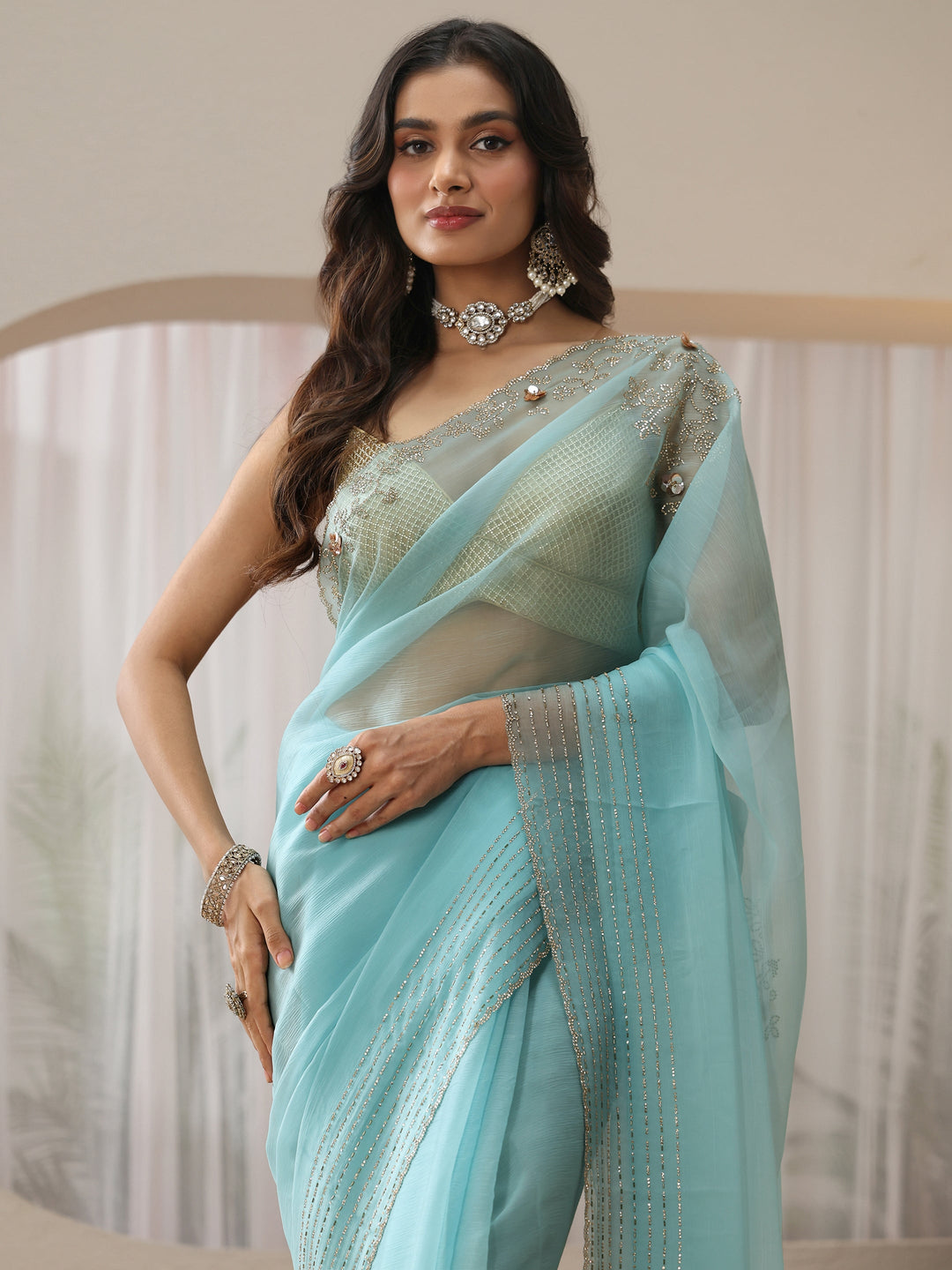  Sky Blue Georgette Saree with Embellished Border 