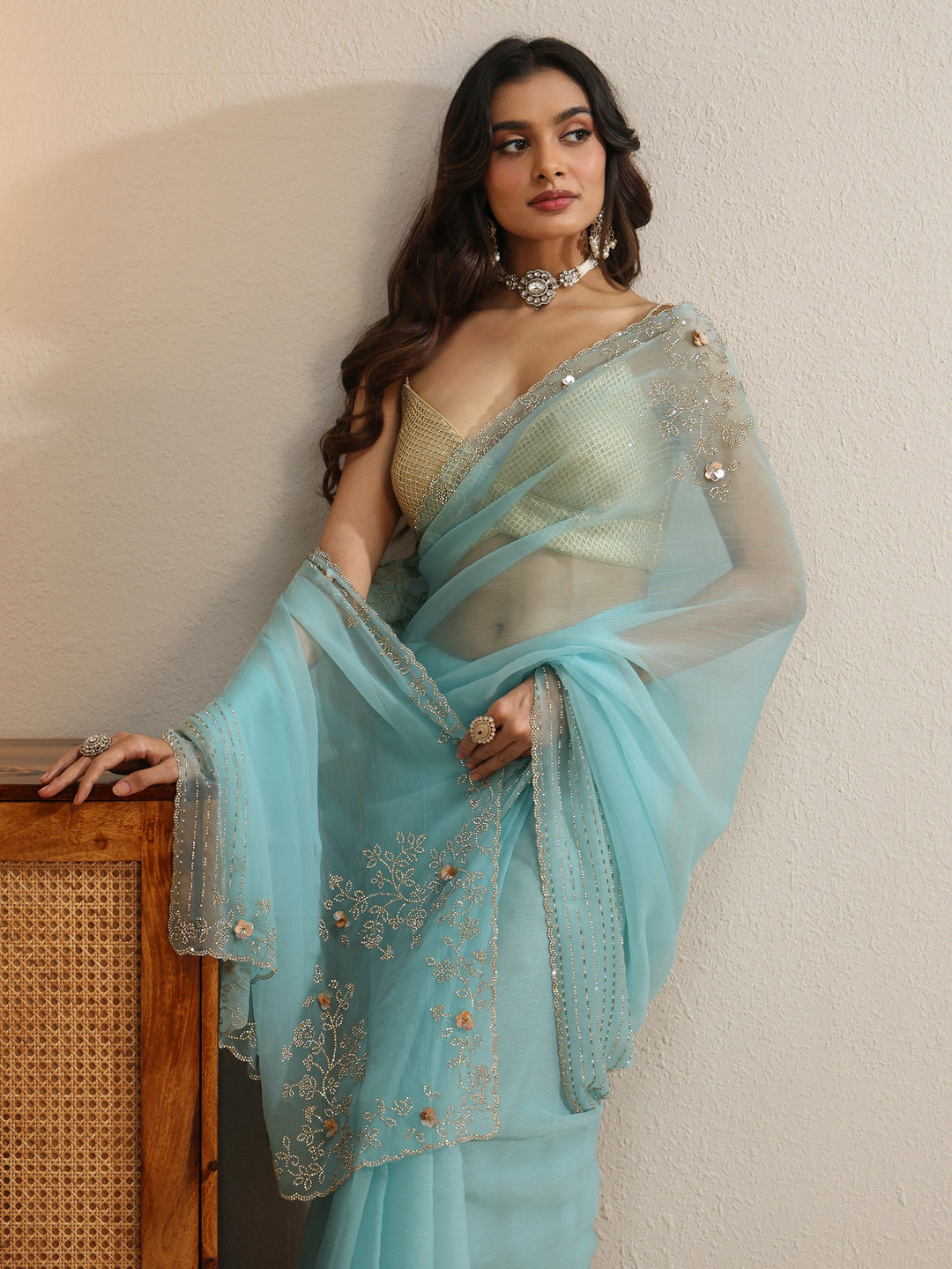 Sky Blue Georgette Saree with Embellished Border 