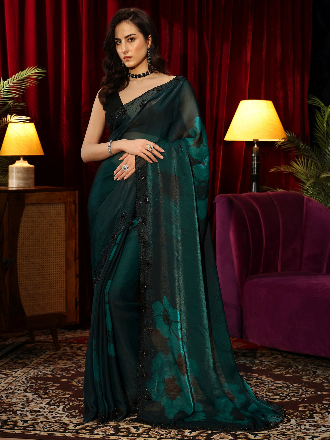  Bottle Green Floral Silk Blend Saree 