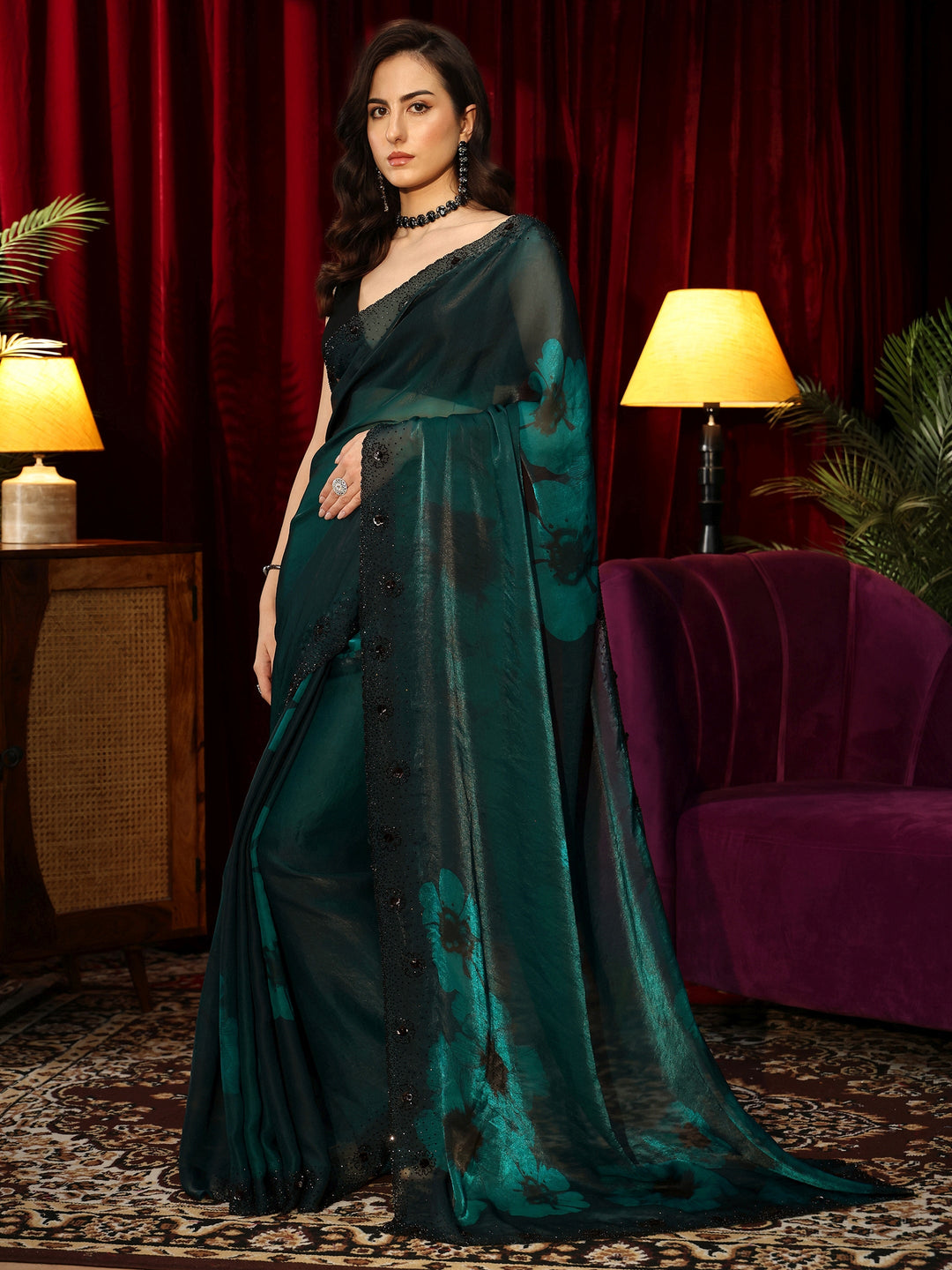  Bottle Green Floral Silk Blend Saree 