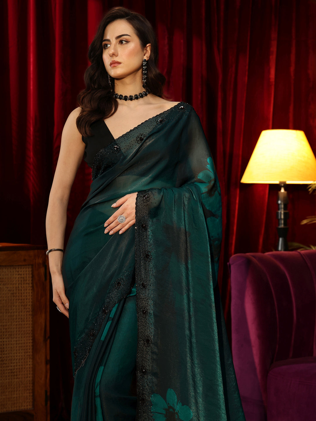  Bottle Green Floral Silk Blend Saree 