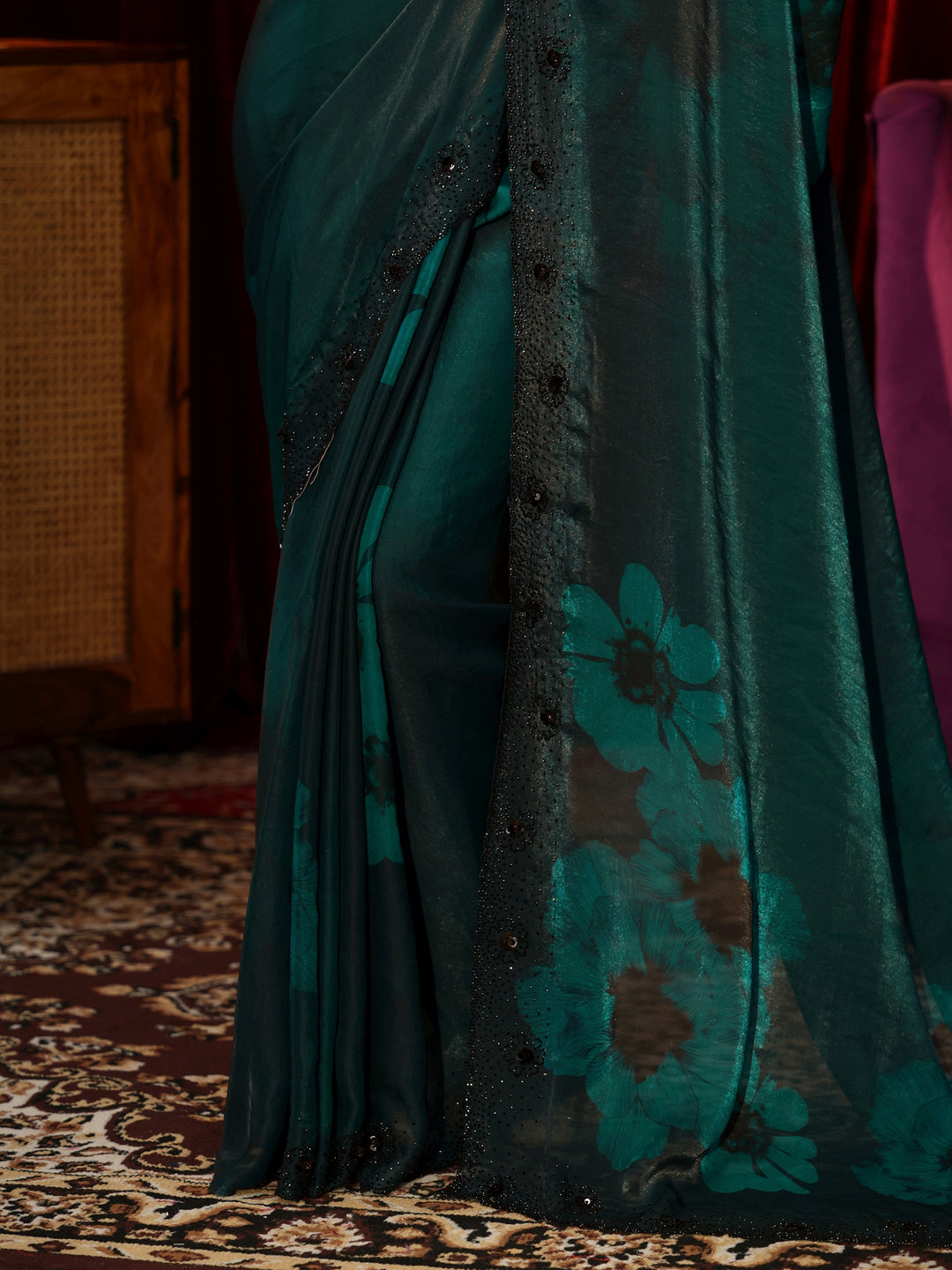  Bottle Green Floral Silk Blend Saree 