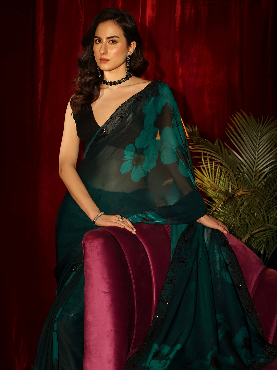  Bottle Green Floral Silk Blend Saree 