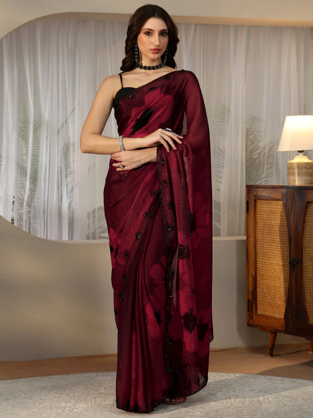  Maroon Red Floral Silk Blend Saree 