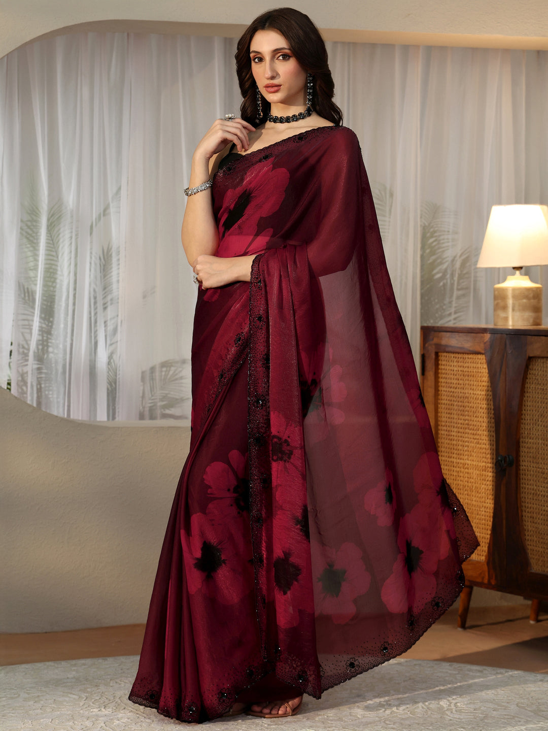 Maroon Red Floral Silk Blend Saree 