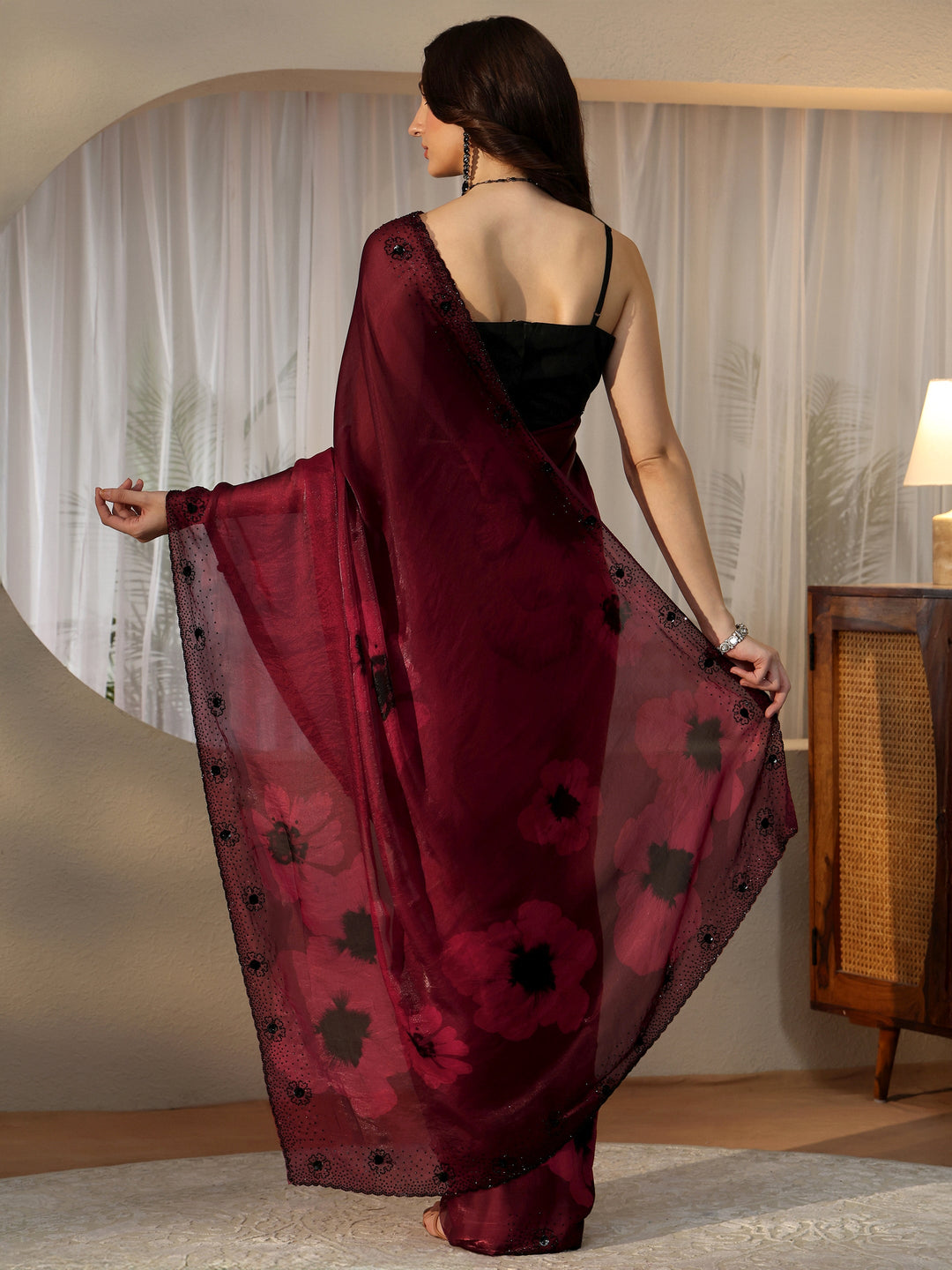  Maroon Red Floral Silk Blend Saree 