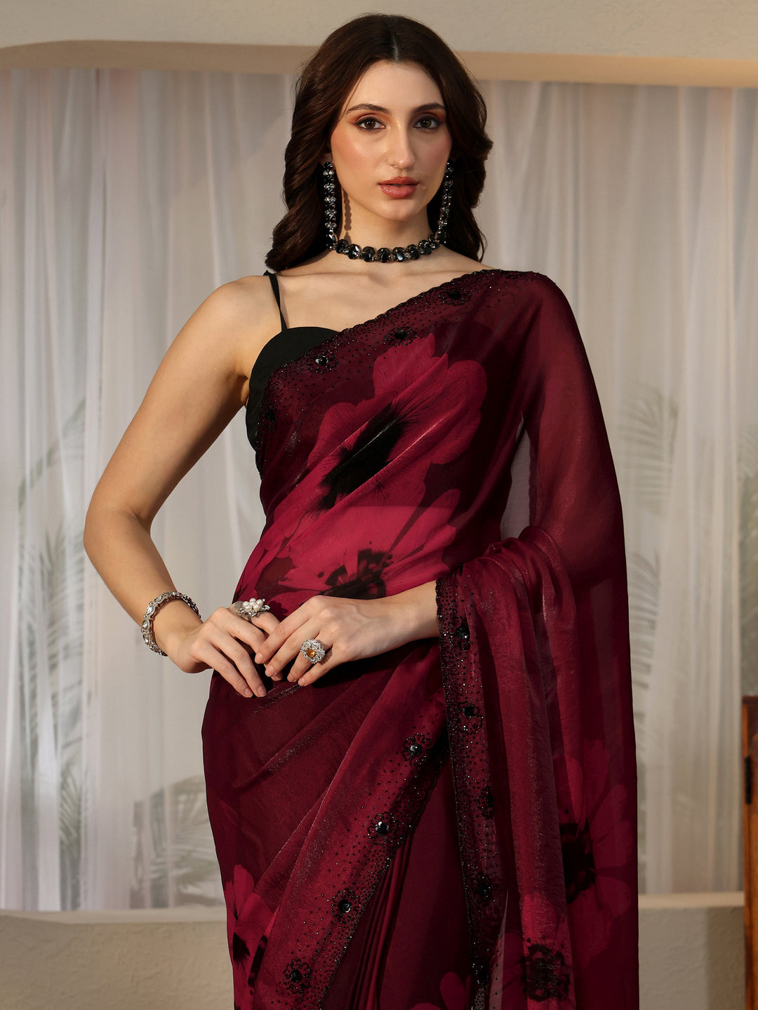  Maroon Red Floral Silk Blend Saree 