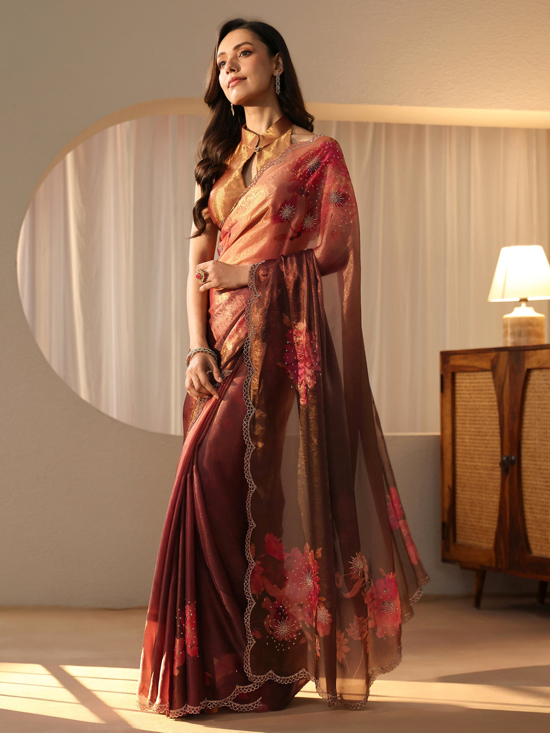  Copper Floral Embellished Silk Blend Saree 