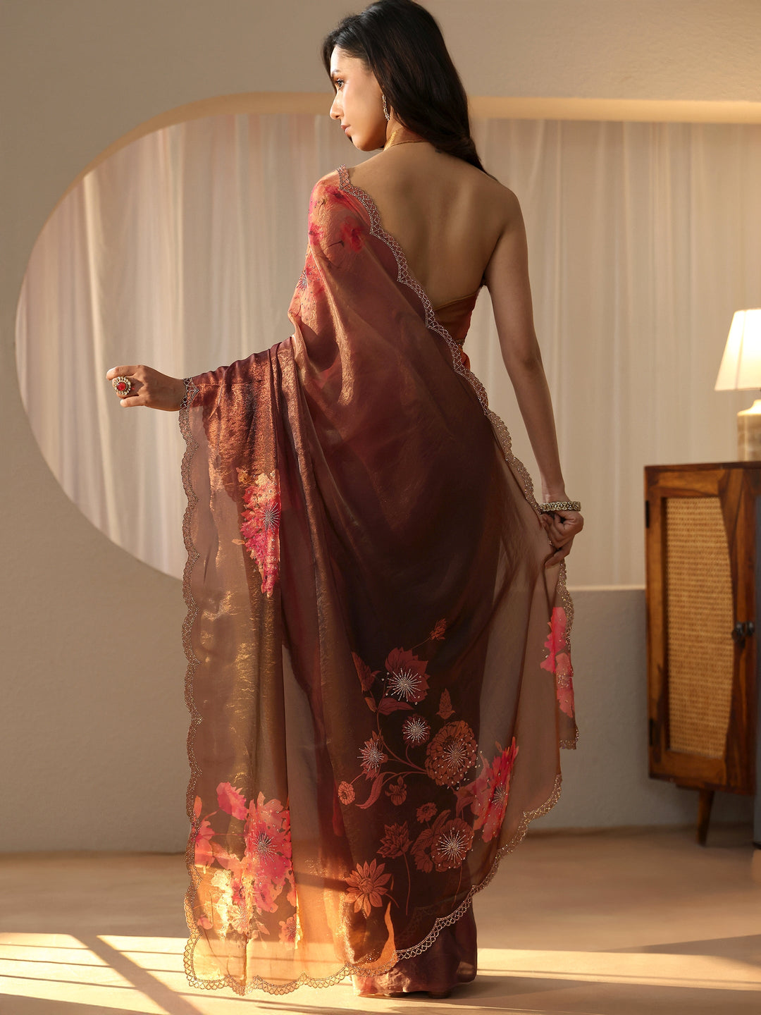  Copper Floral Embellished Silk Blend Saree 