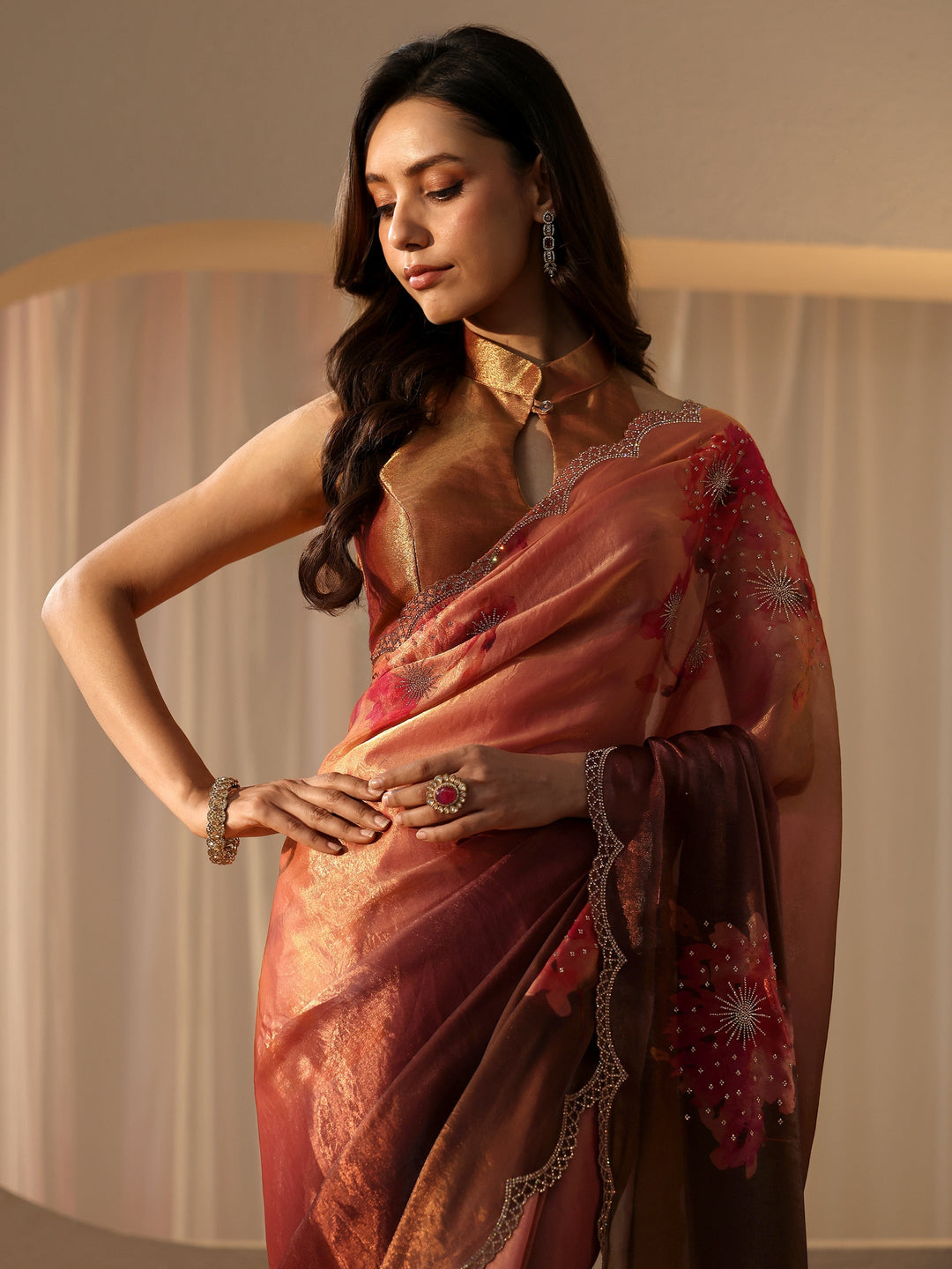  Copper Floral Embellished Silk Blend Saree 