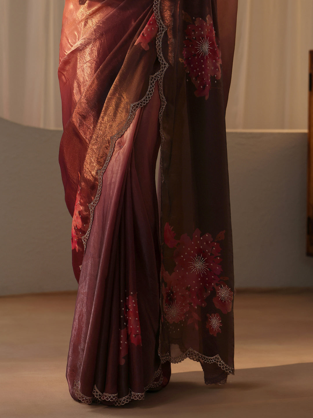  Copper Floral Embellished Silk Blend Saree 