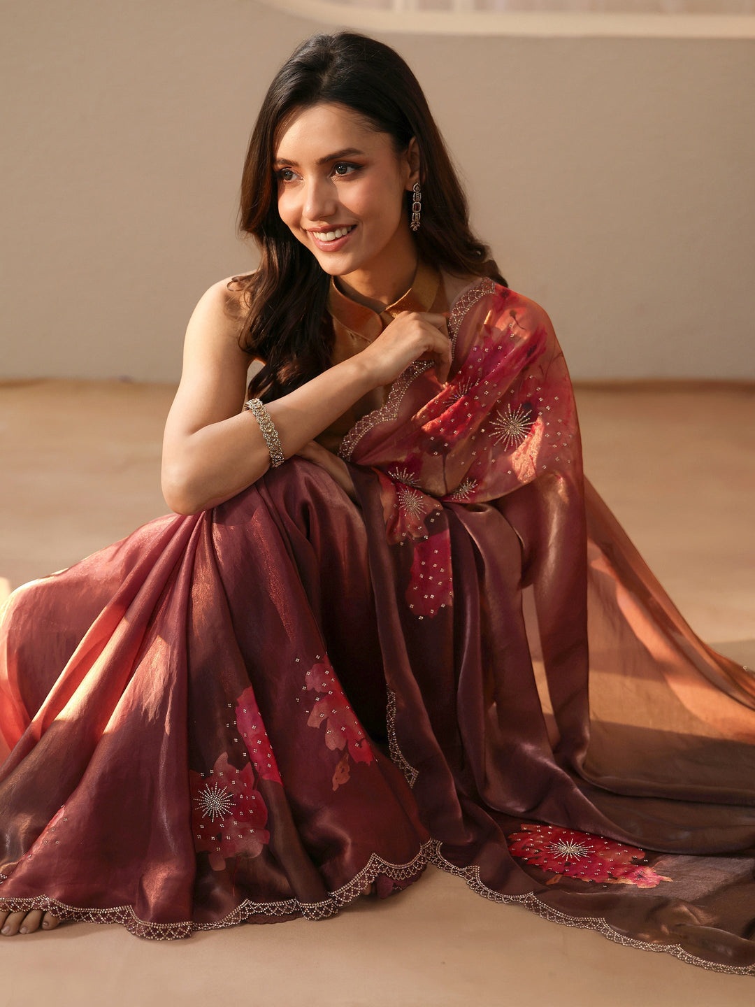  Copper Floral Embellished Silk Blend Saree 