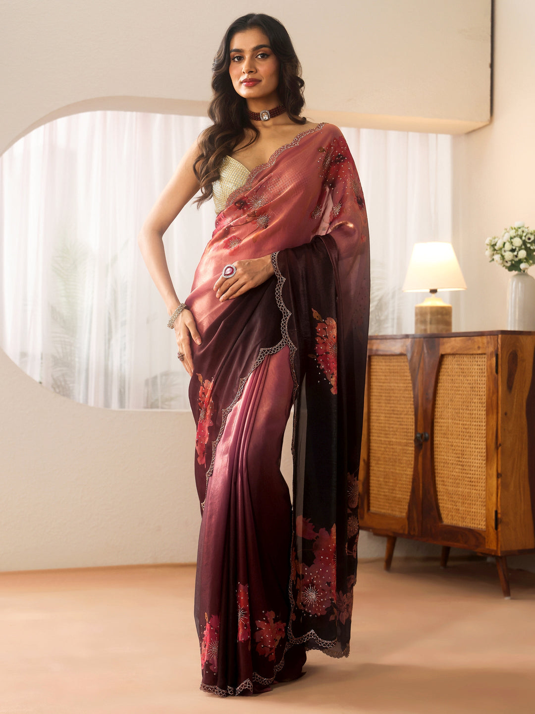  Blue Floral Embellished Silk Blend Saree 