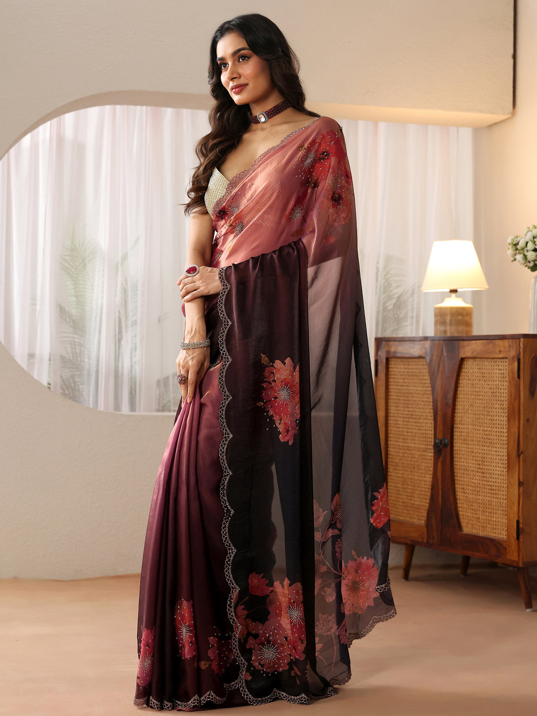  Blue Floral Embellished Silk Blend Saree 