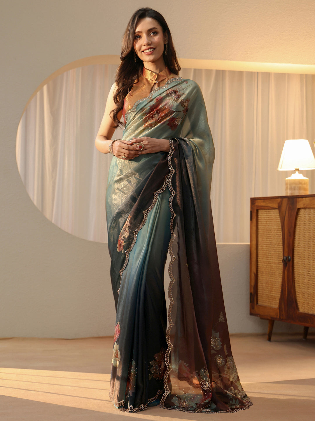  Brown Floral Embellished Silk Blend Saree 