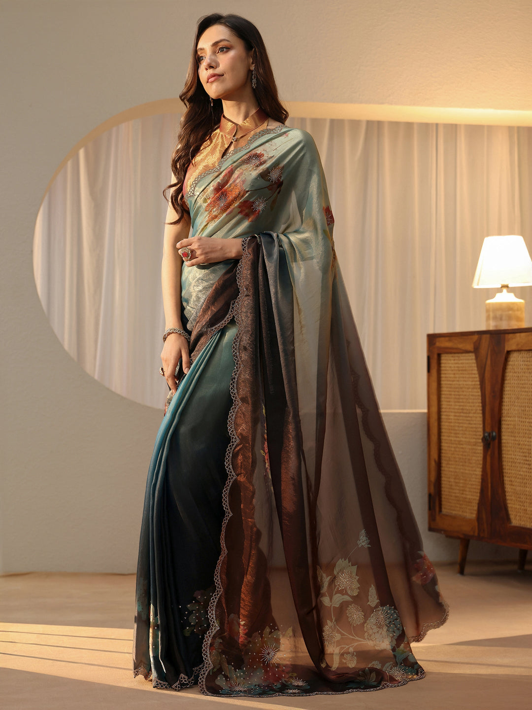  Brown Floral Embellished Silk Blend Saree 