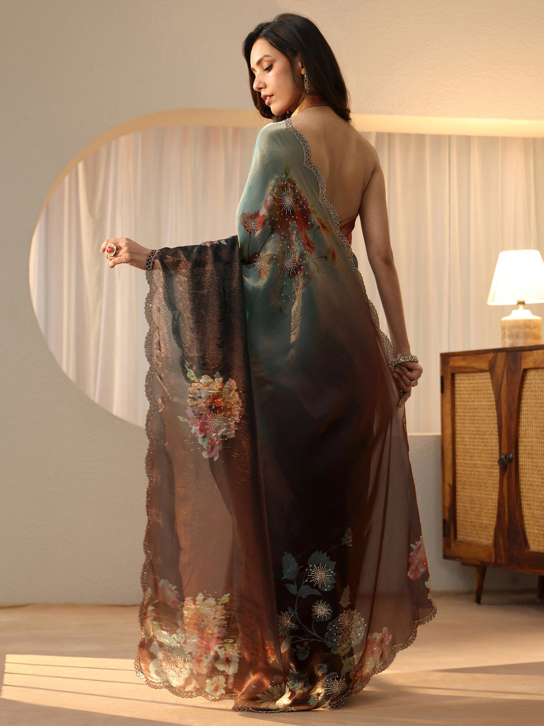  Brown Floral Embellished Silk Blend Saree 