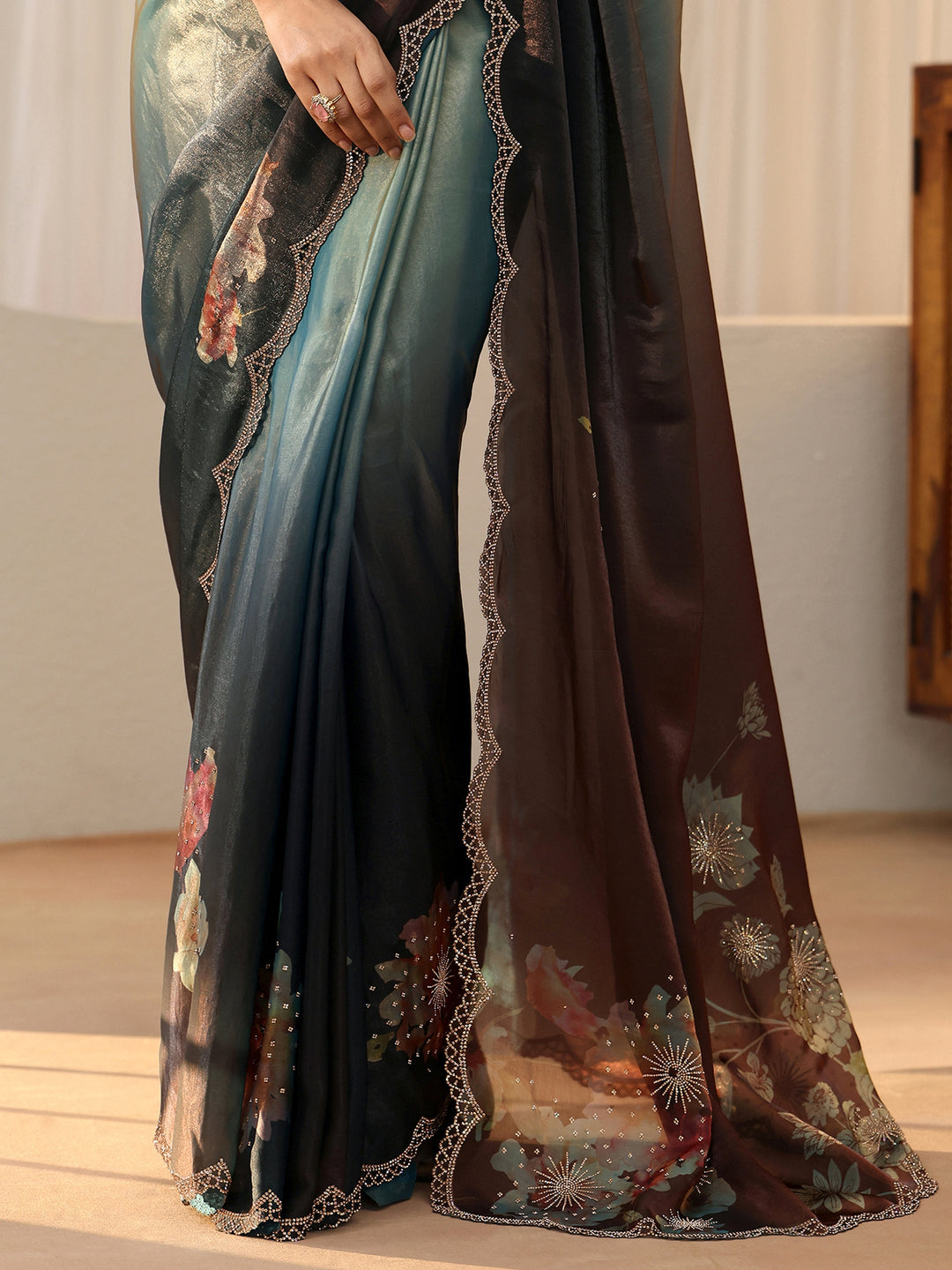  Brown Floral Embellished Silk Blend Saree 