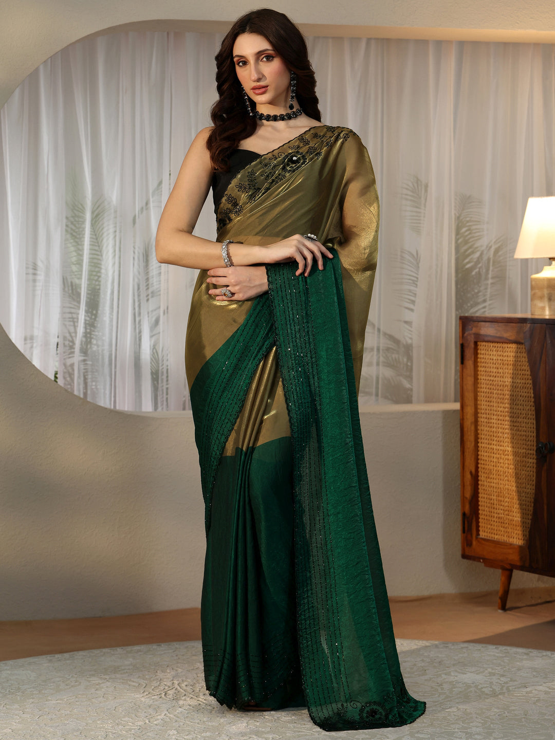  Bottle Green Tissue Saree with Embellished Border 