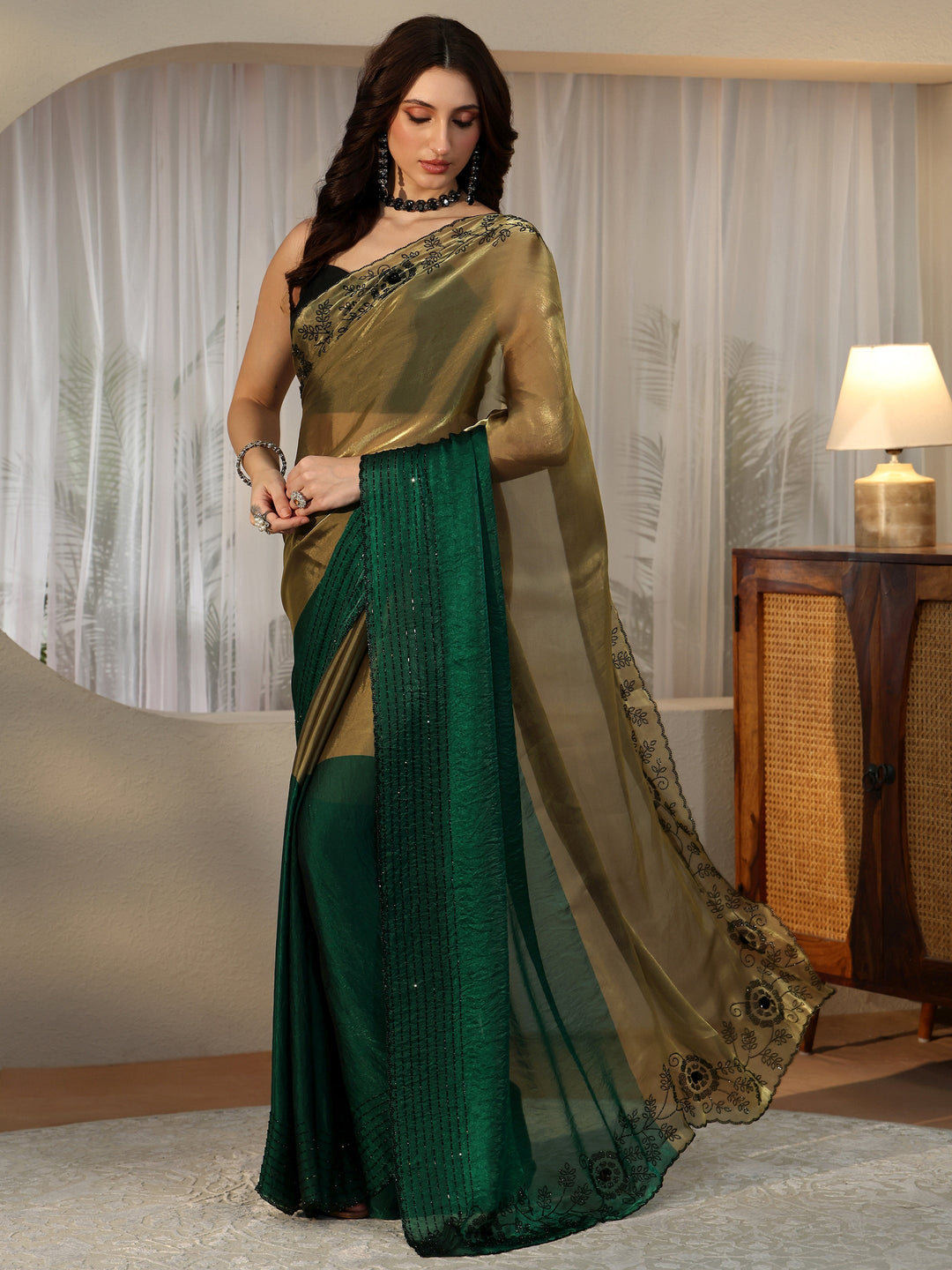  Bottle Green Tissue Saree with Embellished Border 