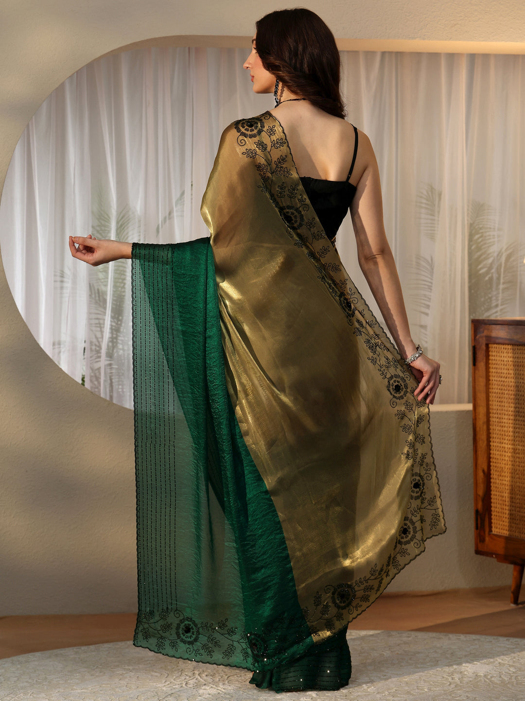  Bottle Green Tissue Saree with Embellished Border 