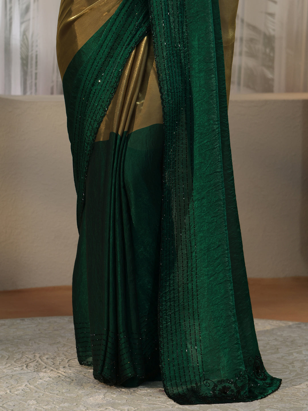  Bottle Green Tissue Saree with Embellished Border 
