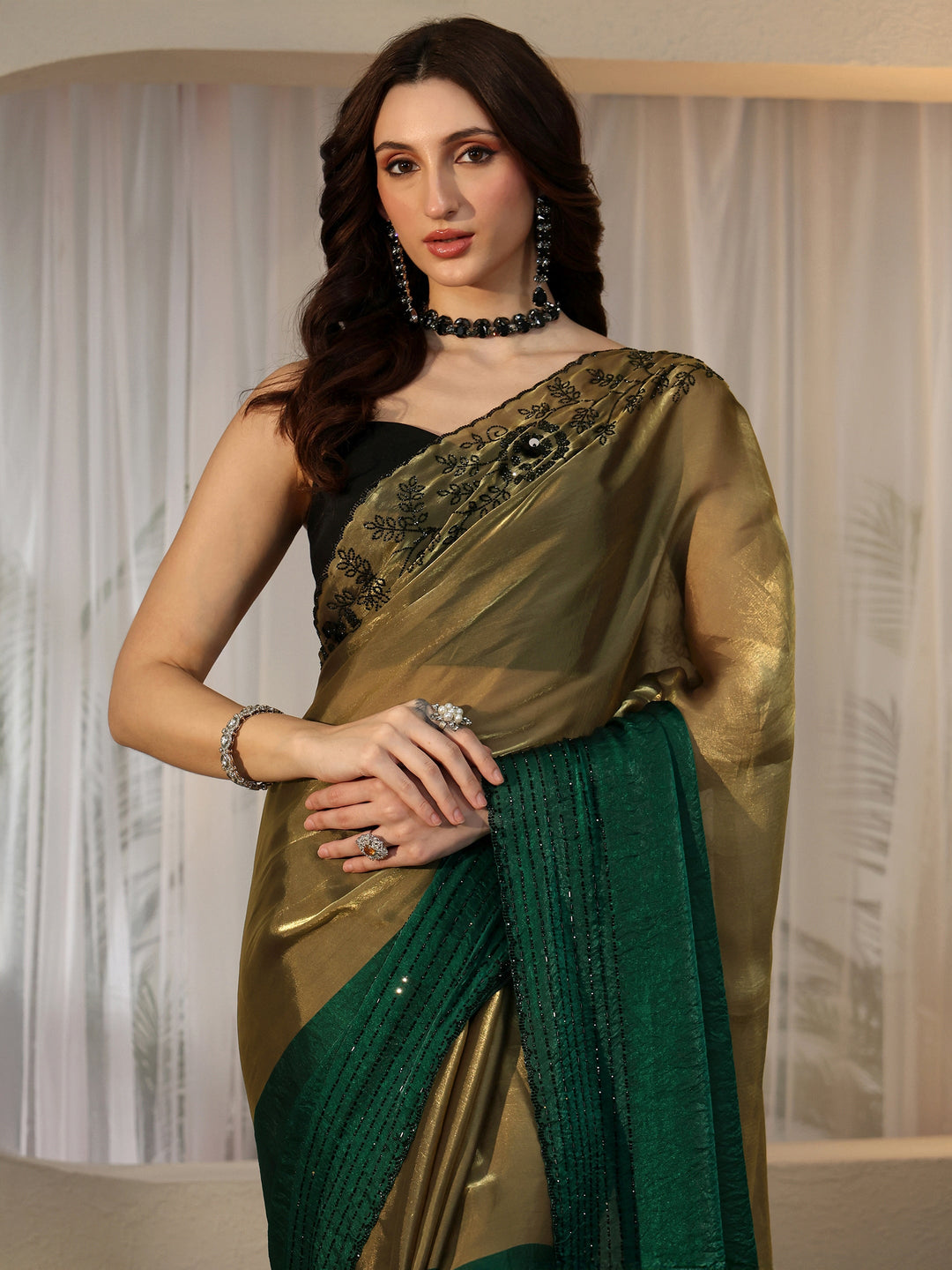  Bottle Green Tissue Saree with Embellished Border 