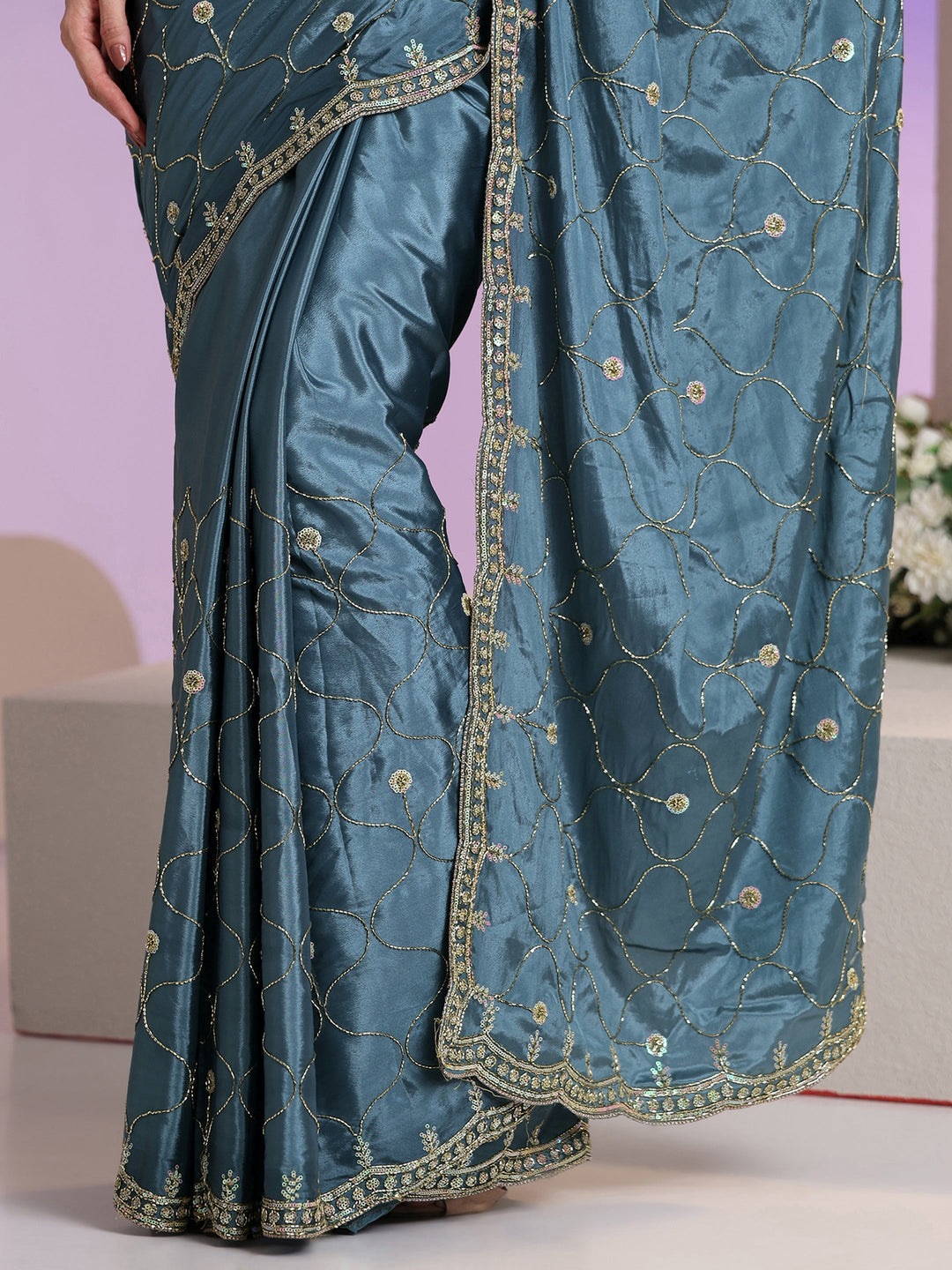 Libas Dusty Blue Embellished Silk Blend Saree 