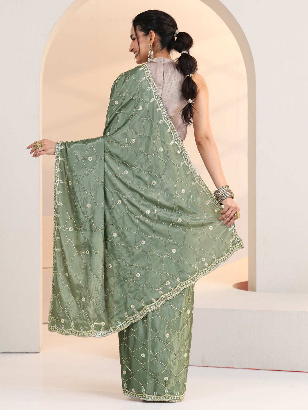  Libas Sage Green Floral Embellished Silk Blend Saree 