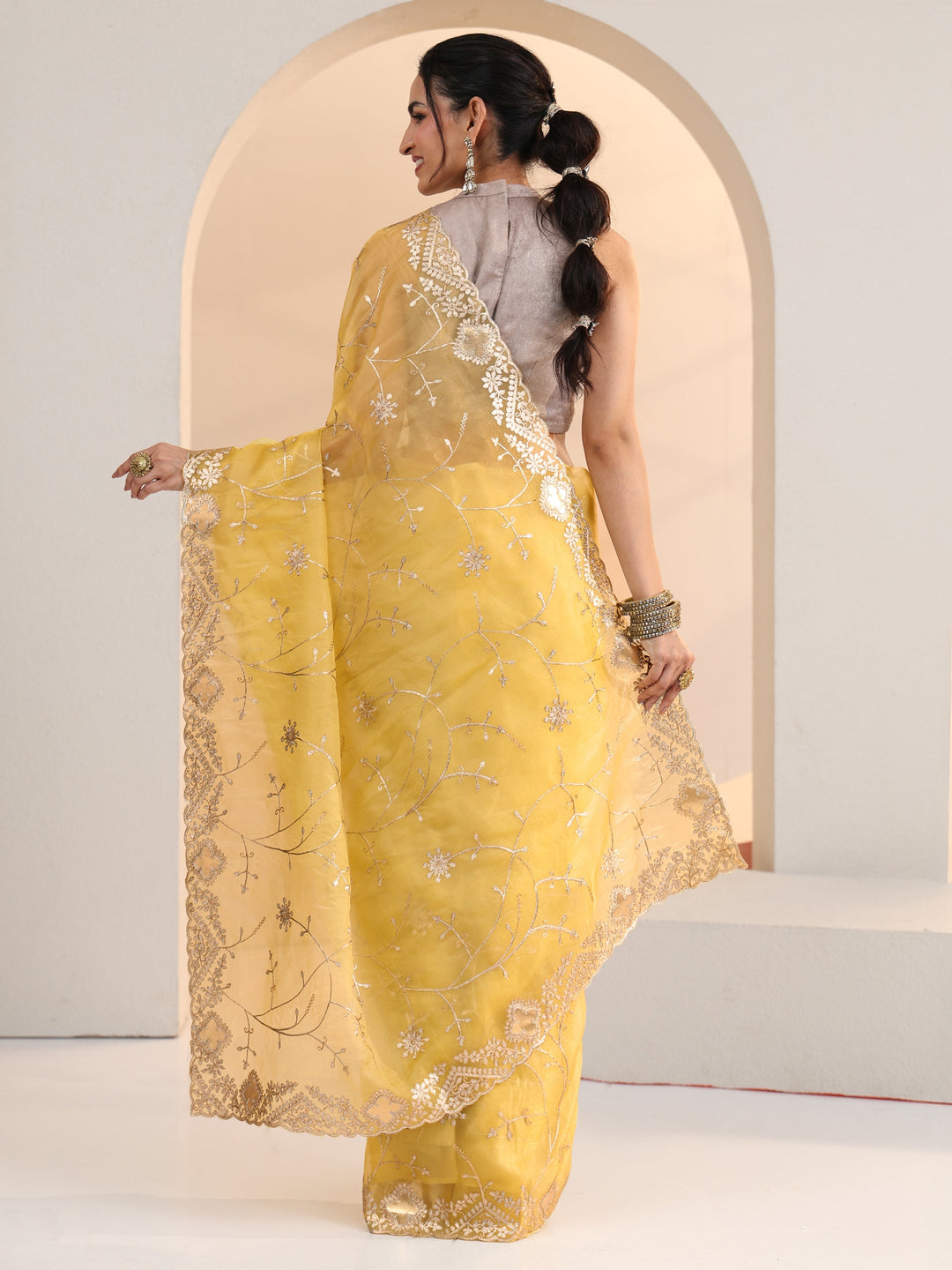  Libas Yellow Floral Embroidered Tissue Saree 