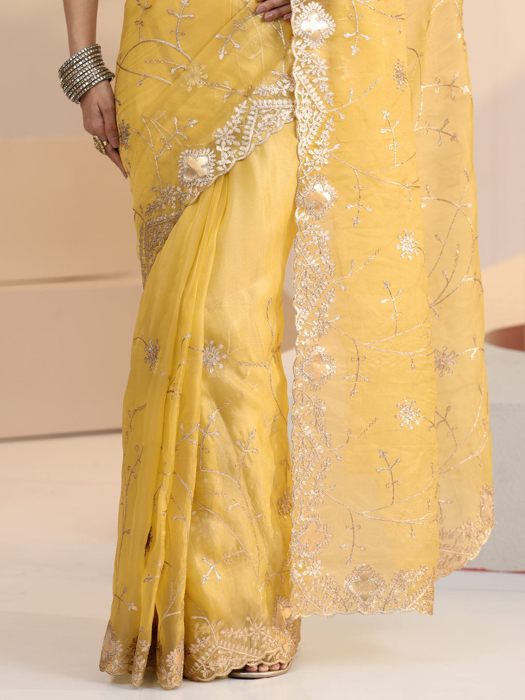  Libas Yellow Floral Embroidered Tissue Saree 
