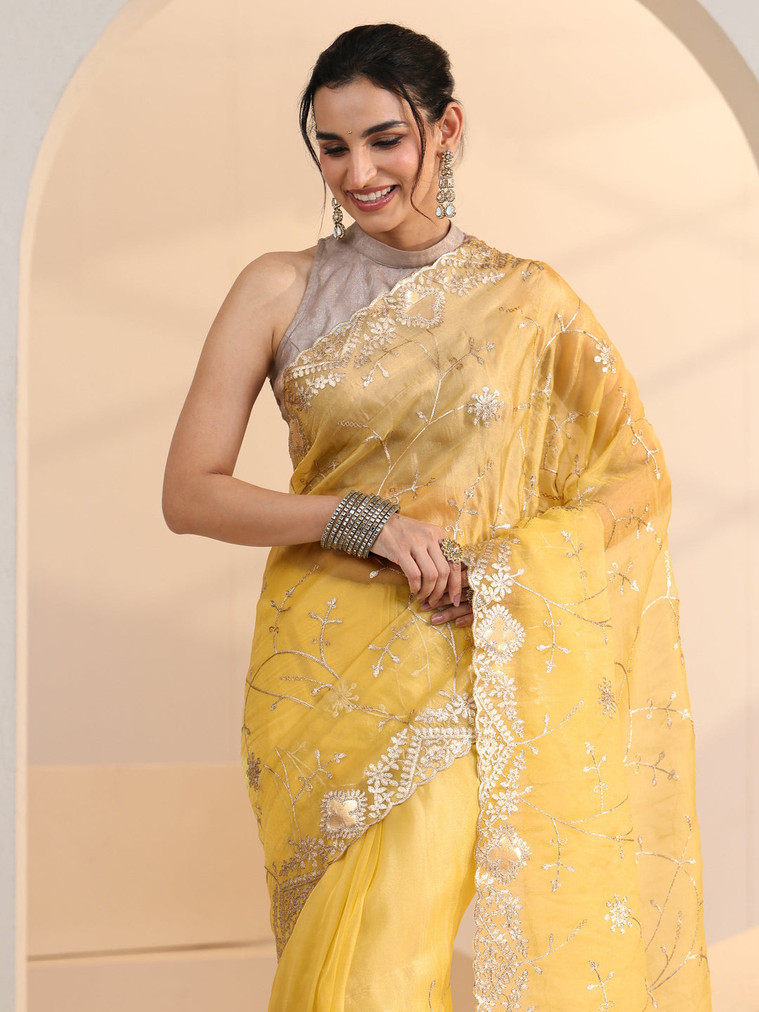 Libas Yellow Floral Embroidered Tissue Saree 