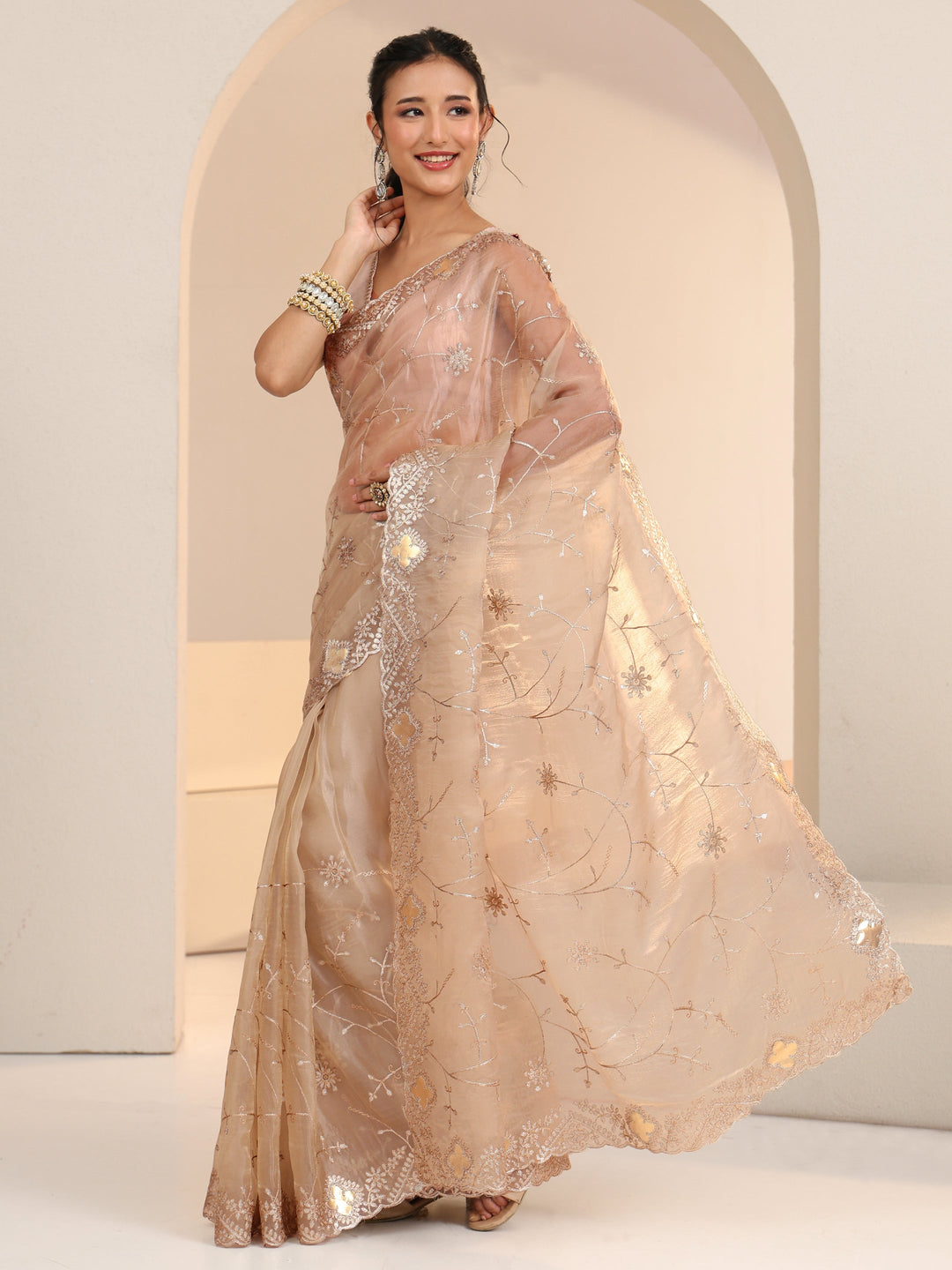  Libas Golden Floral Embroidered Tissue Saree 