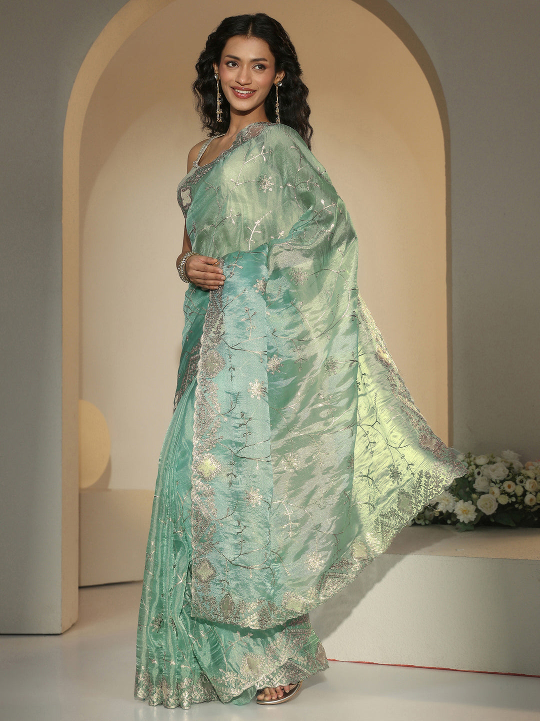  Libas Sea Green Floral Embroidered Tissue Saree 